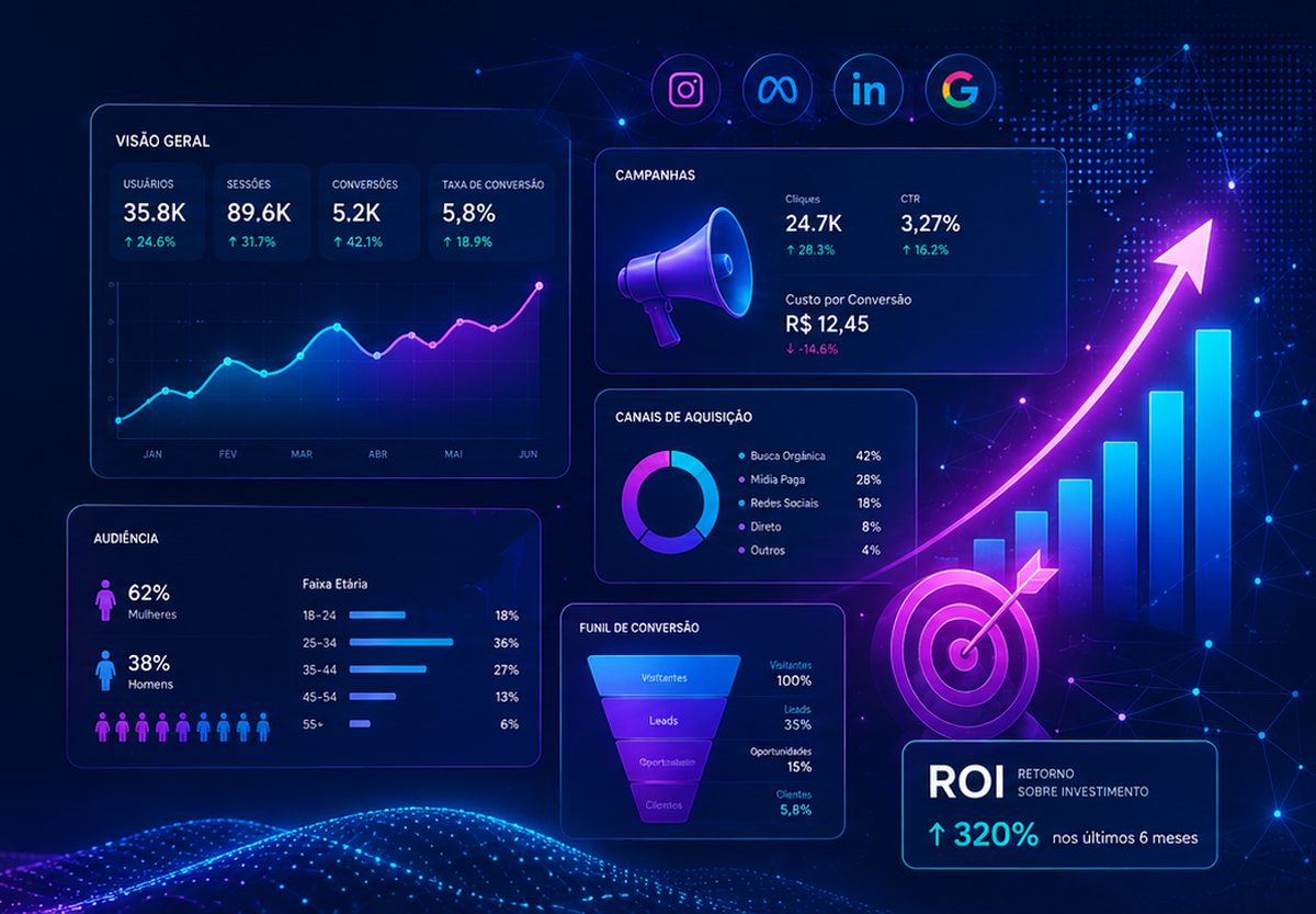 Painel neon com ícones de redes sociais, funil de conversão e gráficos de retorno em violeta e ciano, representando a operação da MSL Marketing